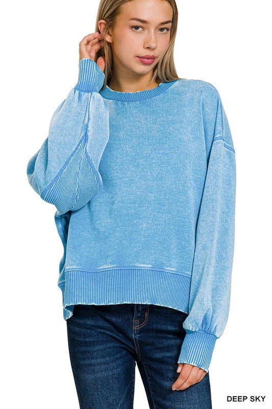 / Movies And Chill Deep Sky Acid Washed Pullover - Catching Fireflies Boutique
