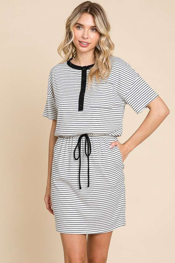 / Black & White Sassy Striped Short Sleeve Short Dress - Catching Fireflies Boutique