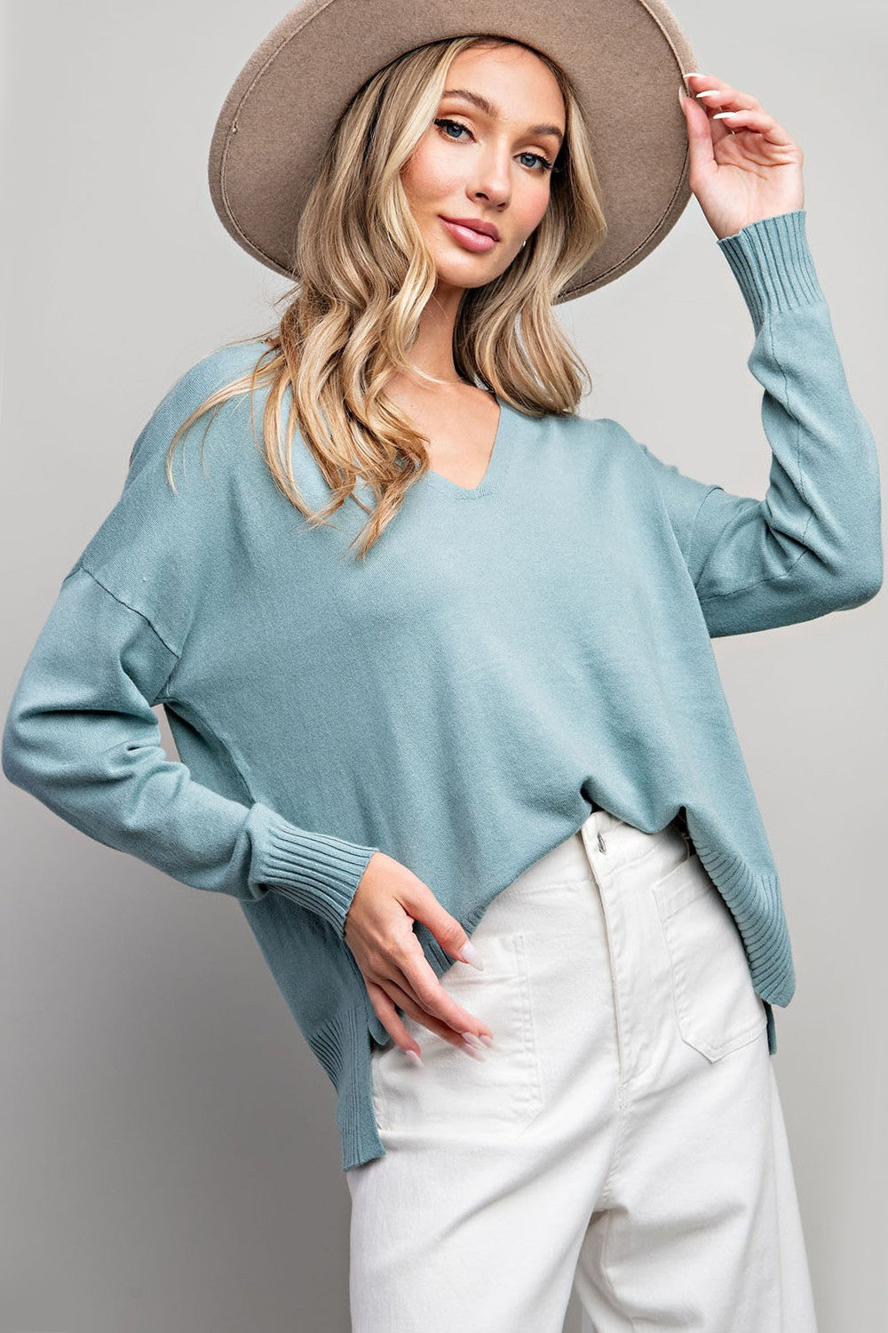 : A Lot Of Leisure  V-Neck Pale Sea Blue Knit Top - Catching Fireflies Boutique