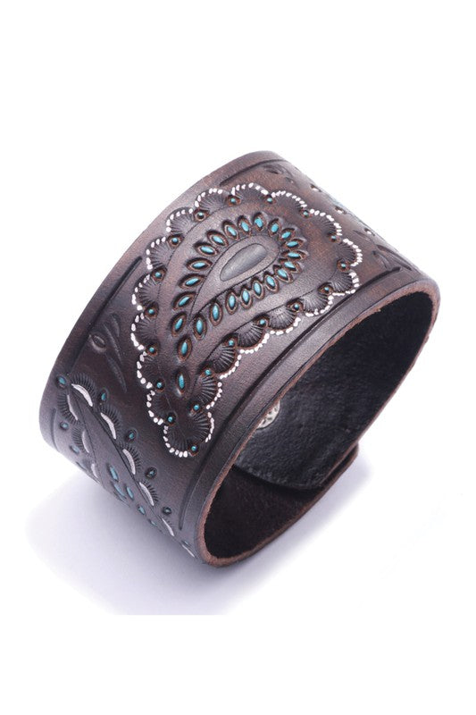 : Peacock Feather Embossed Leather Dark Brown Cuff Bracelet - Catching Fireflies Boutique