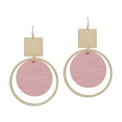 / Gold Textured Square with Pink Wood Circle 1.5" Earring - Catching Fireflies Boutique