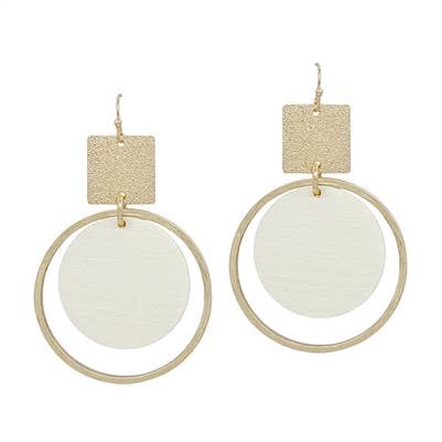 / Gold Textured Square with White Wood Circle 1.5" Earring - Catching Fireflies Boutique