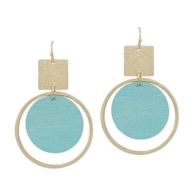 / Gold Textured Square with Mint Wood Circle 1.5" Earring - Catching Fireflies Boutique