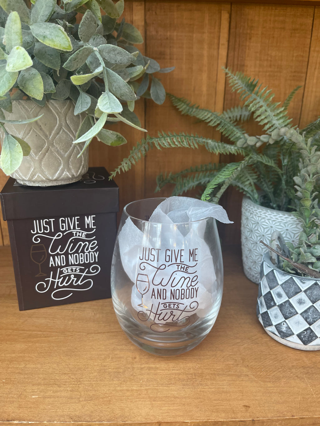 Just Give Me Wine and Nobody Gets Hurt Stemless Wine Glass-Not Available For Shipping - Catching Fireflies Boutique