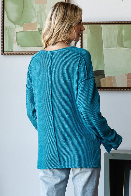 / Dropping Hints Teal Ribbed Partial Button Top