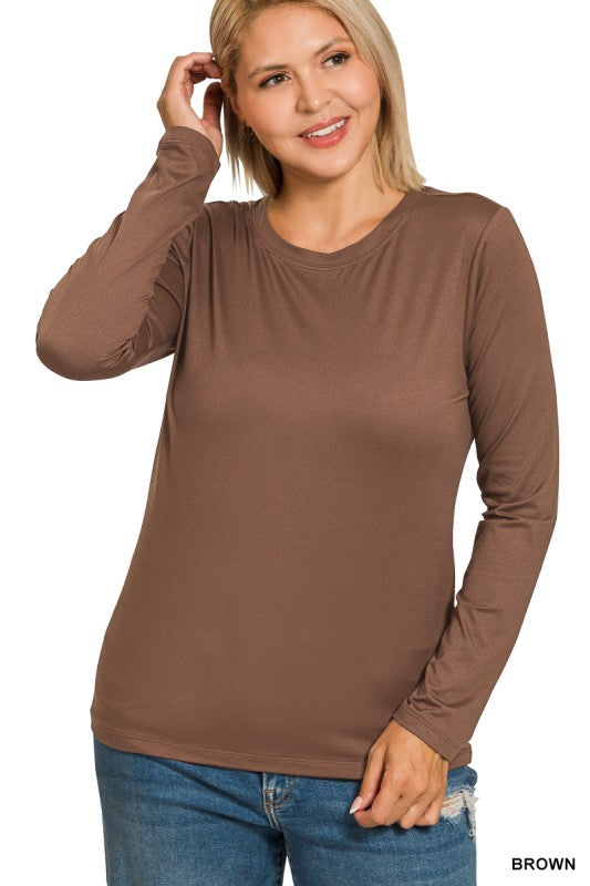 Brown Plus Microfiber Long Sleeve Top - Catching Fireflies Boutique