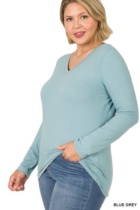 : Blue Grey Plus Microfiber V-Neck Long Sleeve Top - Catching Fireflies Boutique