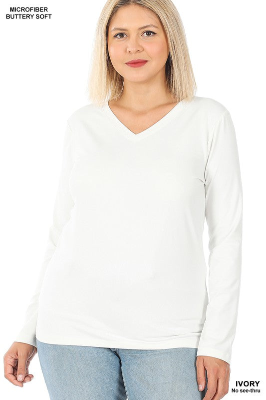 : Ivory Plus Microfiber V-Neck Long Sleeve Top - Catching Fireflies Boutique