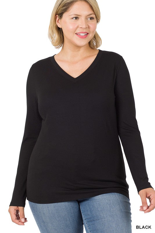 : Black Plus Microfiber V-Neck Long Sleeve Top - Catching Fireflies Boutique