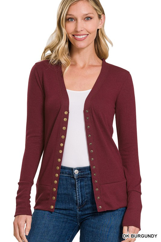 / Oh Snap Dark Burgundy Ribbed Snap Closure Cardigan-LS