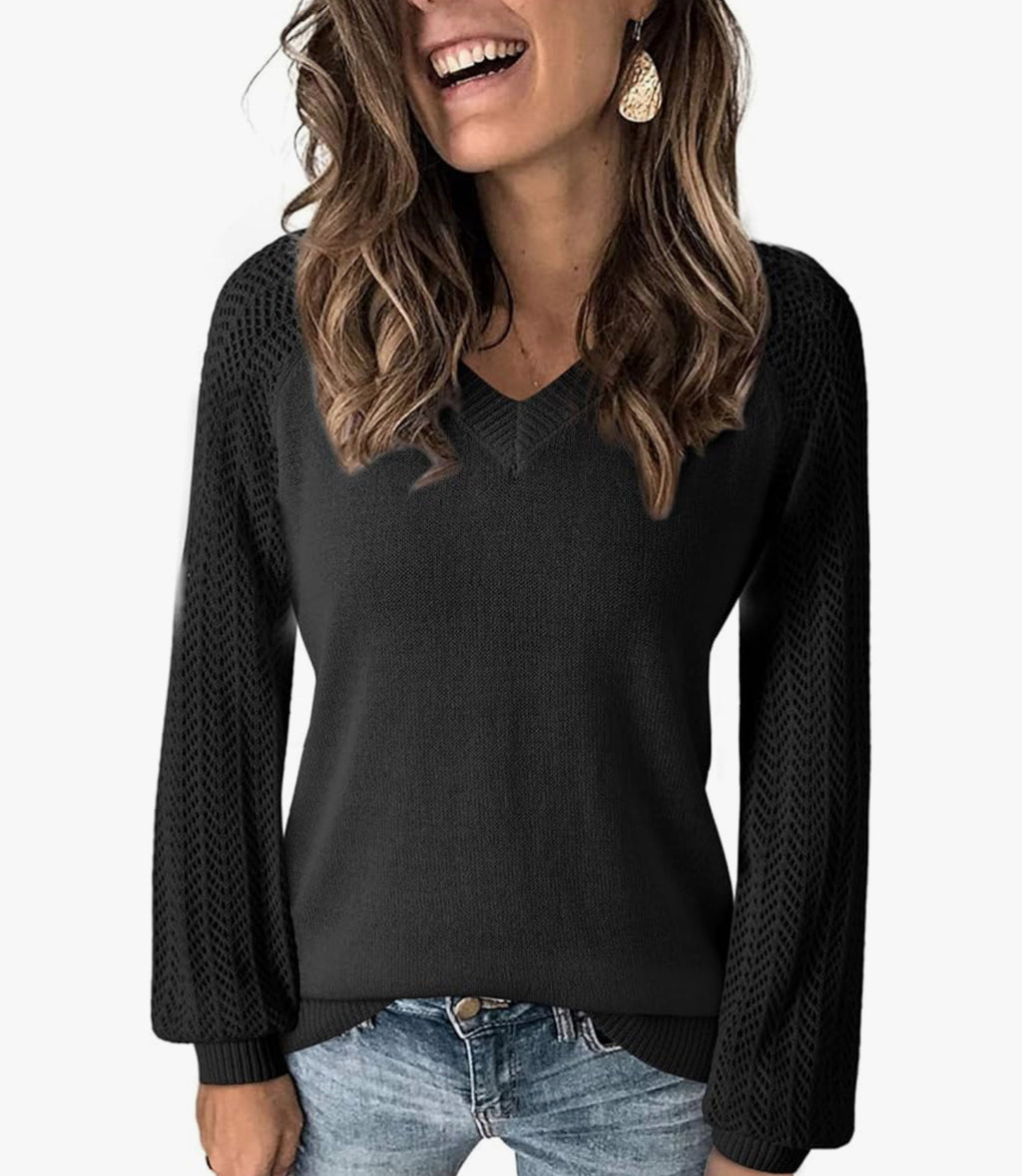 / Split Decision Black Crochet Long Sleeve Sweater (Size Medium)