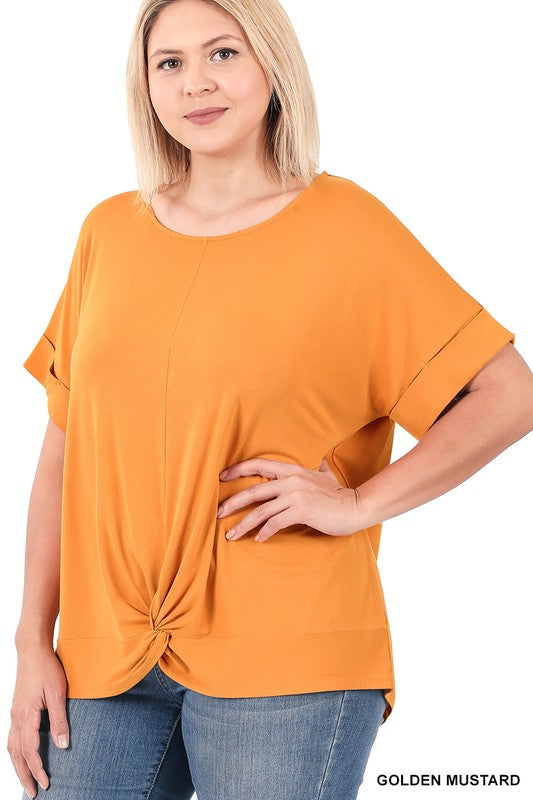 / Golden Mustard Crepe Knot-Front Plus Top - Catching Fireflies Boutique