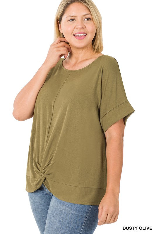 / Dusty Olive Crepe Knot-Front Plus Top - Catching Fireflies Boutique