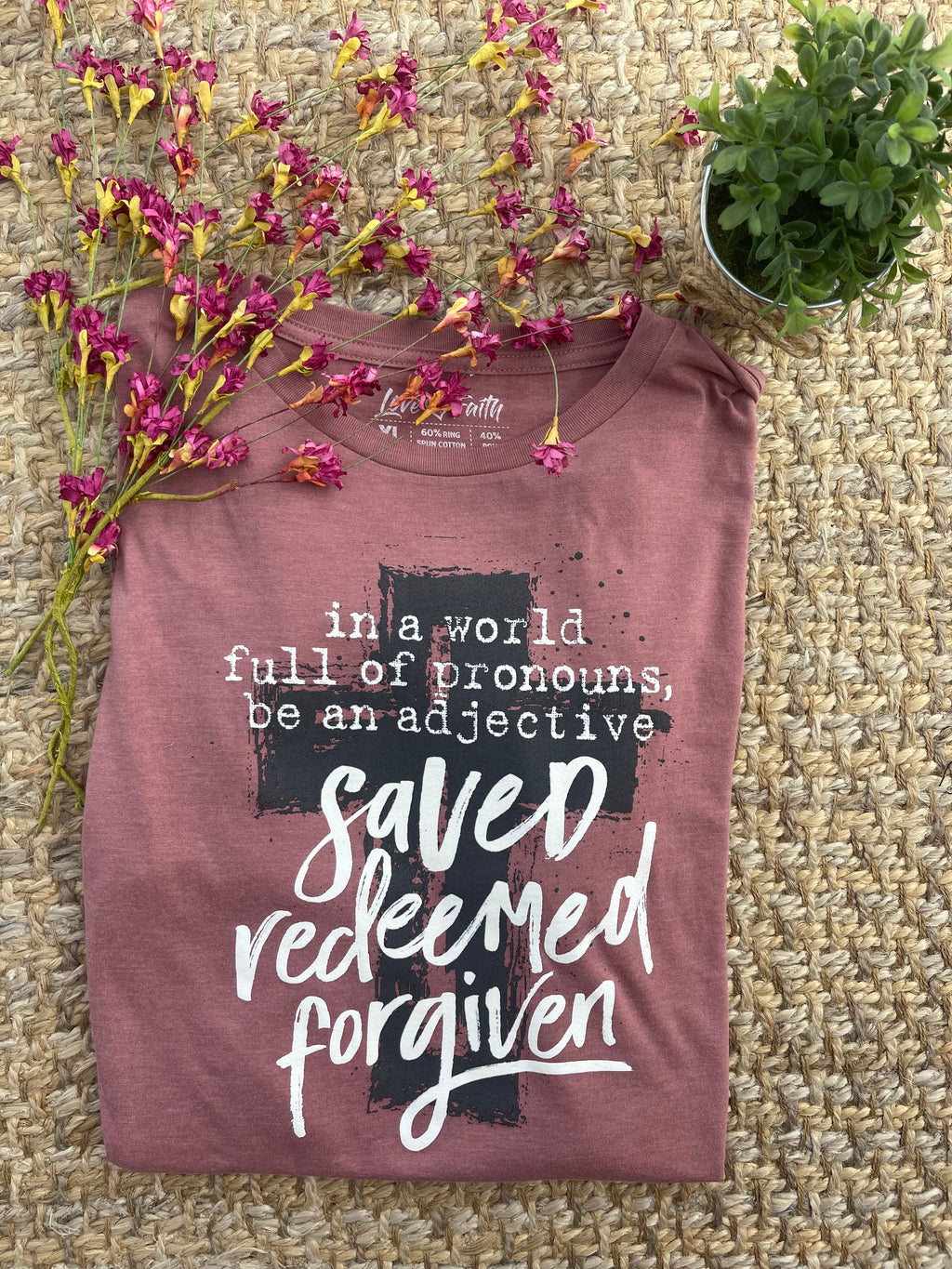 / Saved Redeemed Forgiven Heather Mauve Graphic Tee - Catching Fireflies Boutique