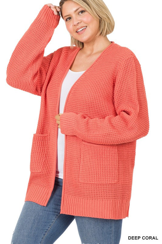 / In My Bones Plus Deep Coral Waffle Open Cardigan - Catching Fireflies Boutique