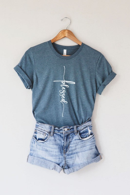 : Blessed Cross Heather Slate Bella Canvas Graphic Tee - Catching Fireflies Boutique
