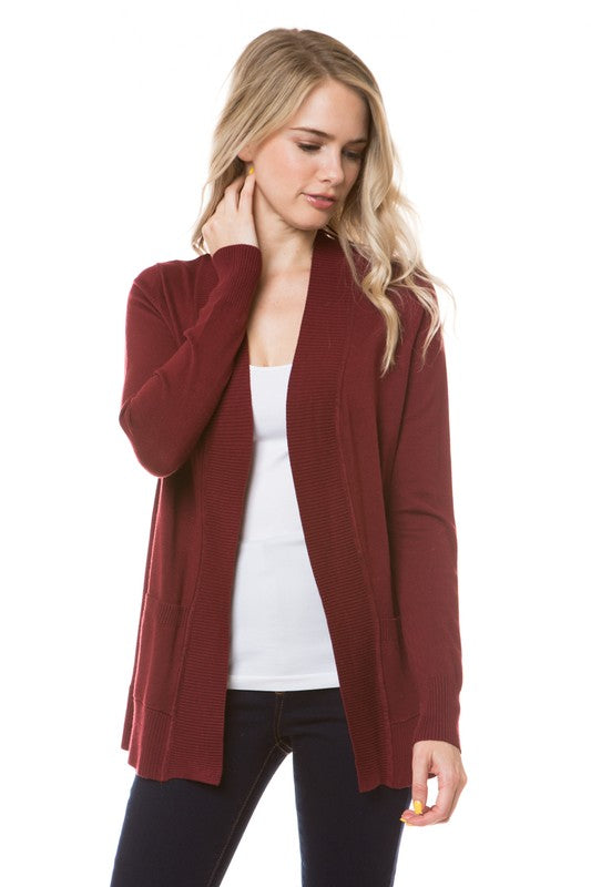 Classy In Classic Burgundy Open Front Knit Cardigan