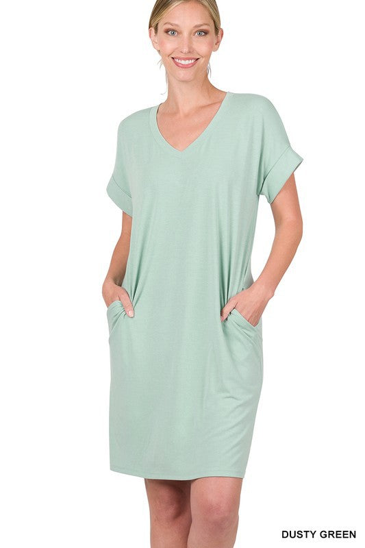 : Hard To Catch Dusty Green Rolled Sleeve Mini Dress - Catching Fireflies Boutique