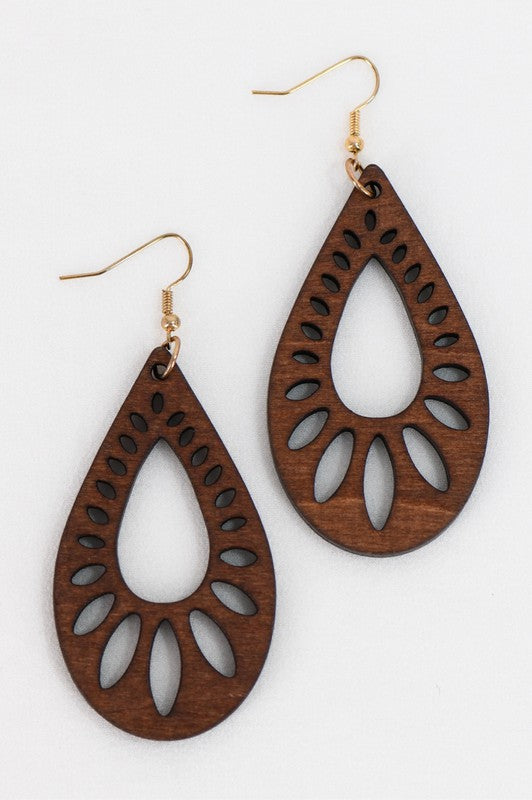 Brown Filigree Wood Laser Cut Earrings