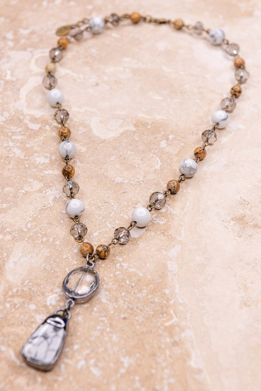 / White Jasper Lariat Style Stone And Crystal Pendant Necklace