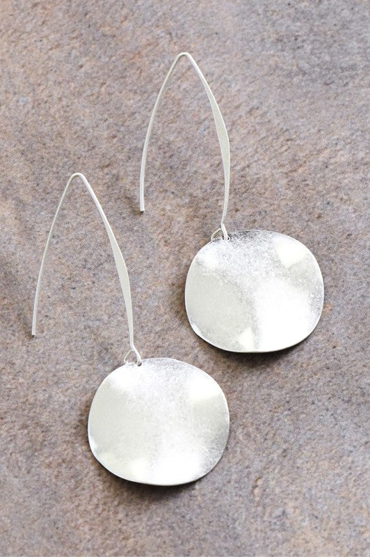 Silver Round Disc Long Wire Thread Earrings