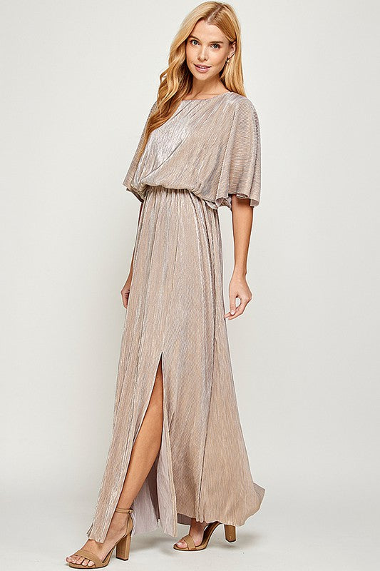 : Worth The Wait Grey/Gold Cape Style Maxi Dress - Catching Fireflies Boutique