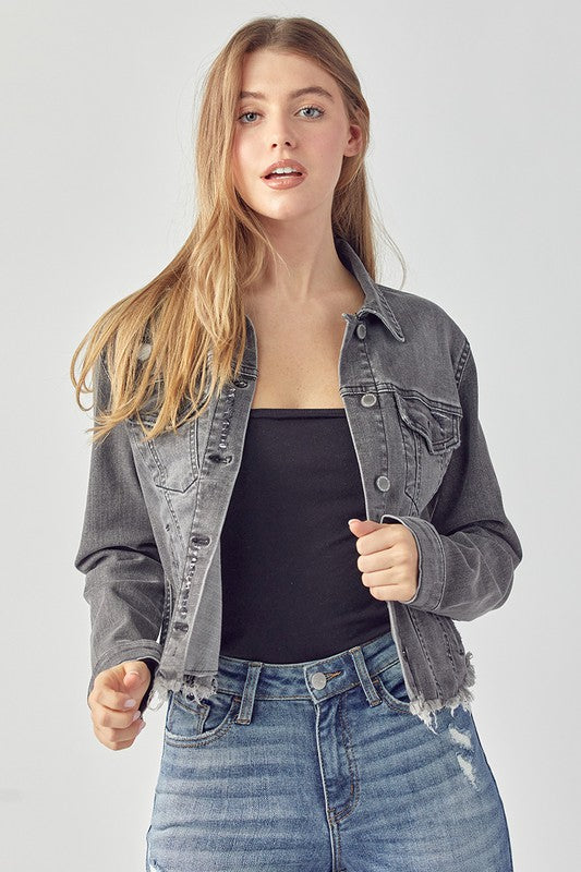 @So Simple Grey Frayed Hem Vintage Washed Jacket