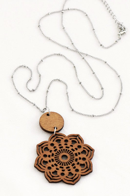 / Wood Laser Cut Filigree Pendant Necklace