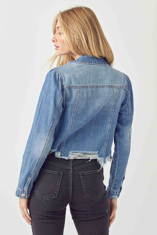 @Leading To You Medium Wash Distressed Denim Crop Jacket (Size Small)