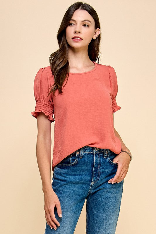 / Never Going Back Terracotta Smocked Sleeve Top