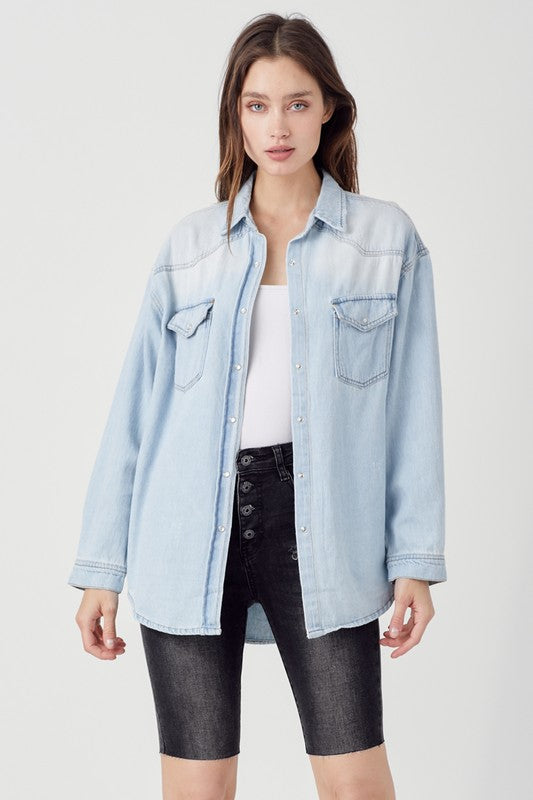 Bring It Home Light Wash Denim Shirt - Catching Fireflies Boutique