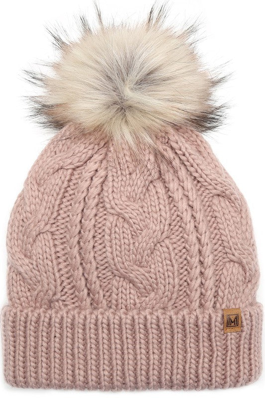 : Assorted Cable Knit Faux Fur Pom Beanie Hat - Catching Fireflies Boutique