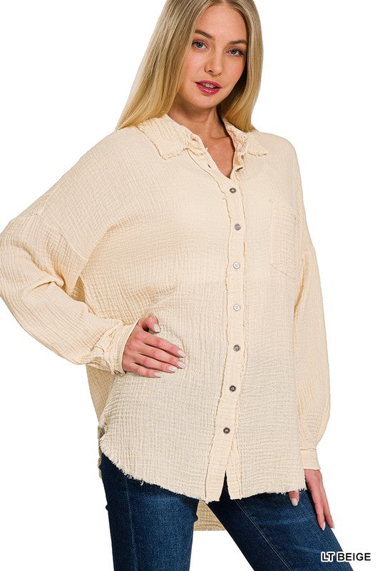 Just Be Gauze Light Beige Fray Hem Top