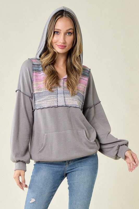 : Collapse Into Fall Grey Color Contrast Hoodie Top - Catching Fireflies Boutique