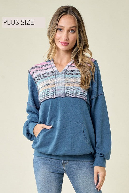 : Collapse Into Fall Plus Blue Multi Contrast Hoodie Top - Catching Fireflies Boutique