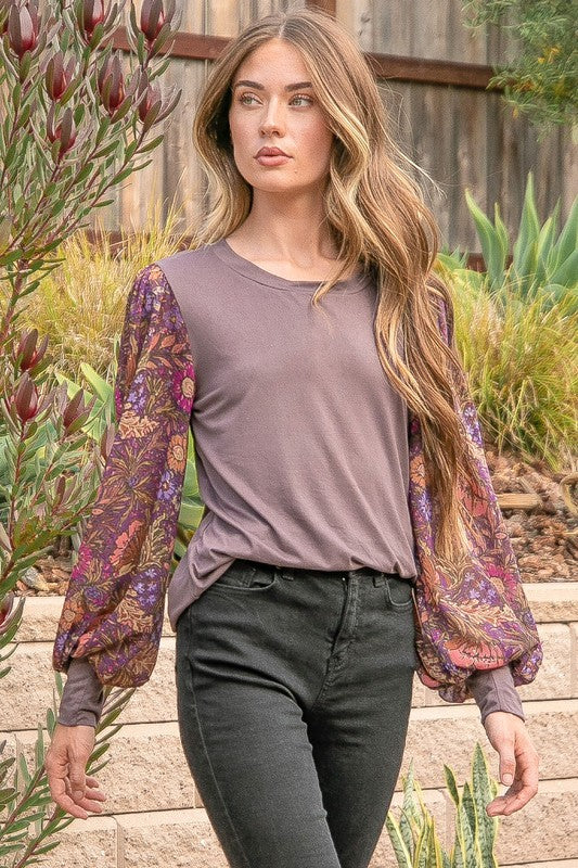 @/ Soft Petals Espresso Floral Print Puff Sleeve Top (Size Small)