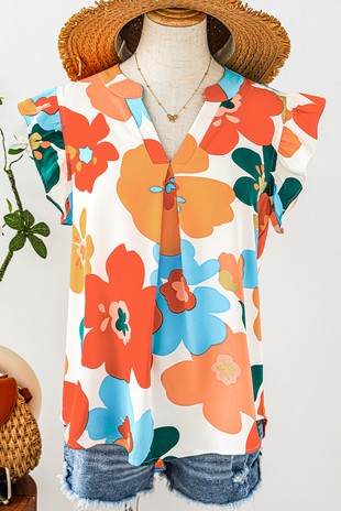 @/ Happy Days Orange Floral V Neck Ruffle Top (Size Large)