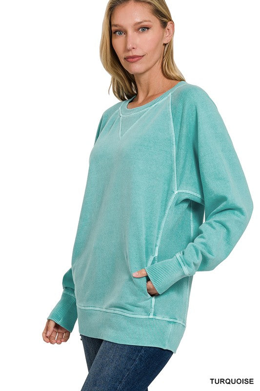 / Casual Candor Turquoise French Terry Pocket Pullover Top - Catching Fireflies Boutique