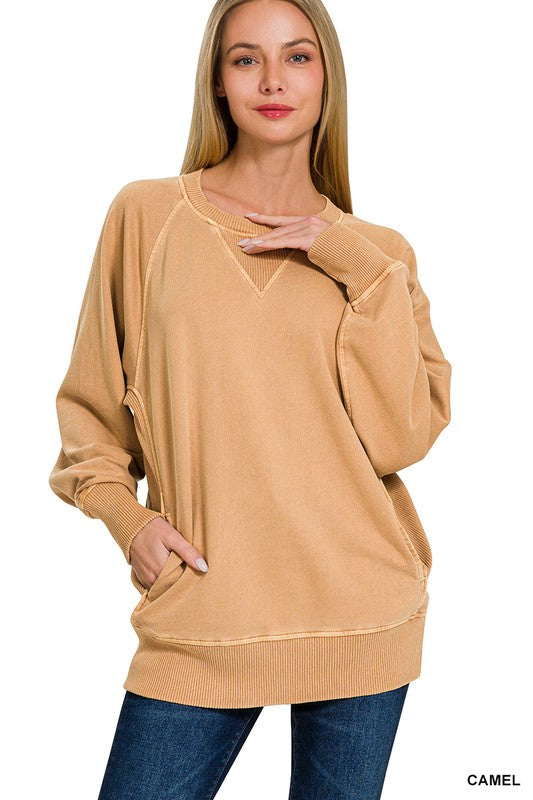 /Casual Candor Camel French Terry Pocket Pullover Top - Catching Fireflies Boutique