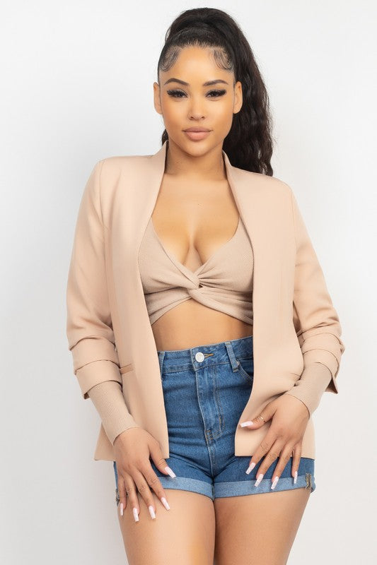 Getting Over You Taupe Ruched Sleeve Blazer