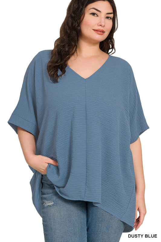 Easy Breezy Plus Dusty Blue Dolman Short Sleeve Top - Catching Fireflies Boutique