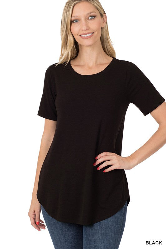 @/ Adaptable Possibilities Black Short Sleeve Round Hem Top