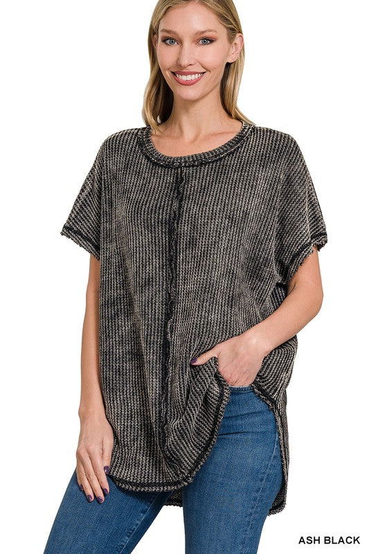 : Back Patch Black Washed Waffle Top - Catching Fireflies Boutique