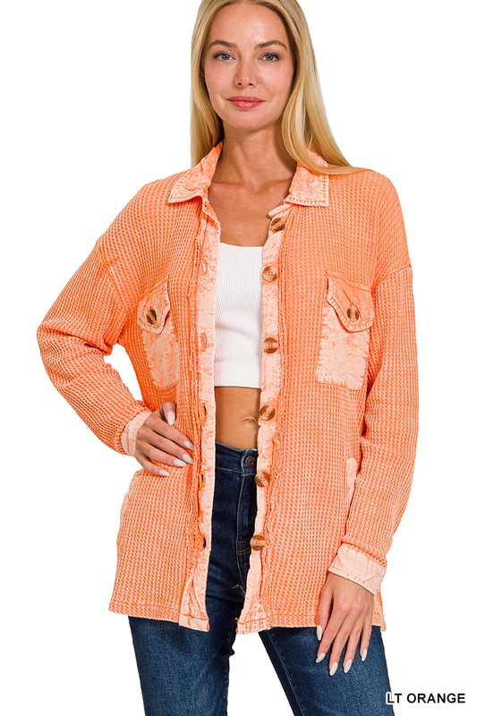 Live Colorfully Light Orange Color Block Button Waffle Shirt