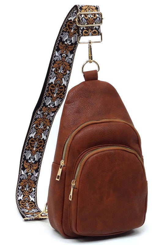 / Double Zip Brown Guitar Strap Sling Bag