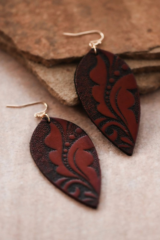 / Teardrop Embossed Leather Boho Drop Earrings