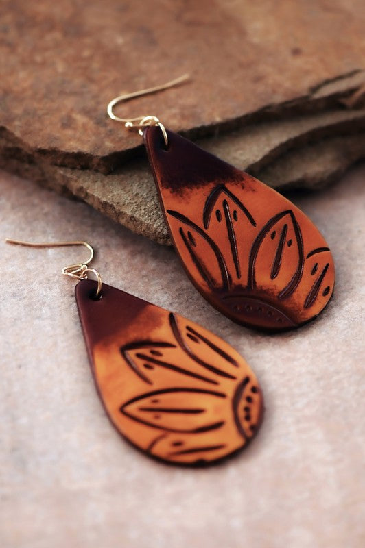 / Embossed Leather Teardrop Boho Drop Earrings