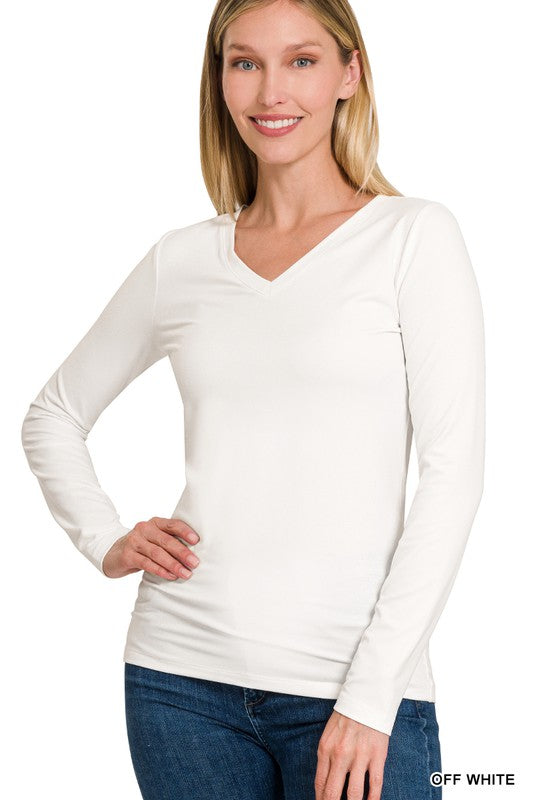 : Off White Microfiber V-Neck Long Sleeve Top - Catching Fireflies Boutique