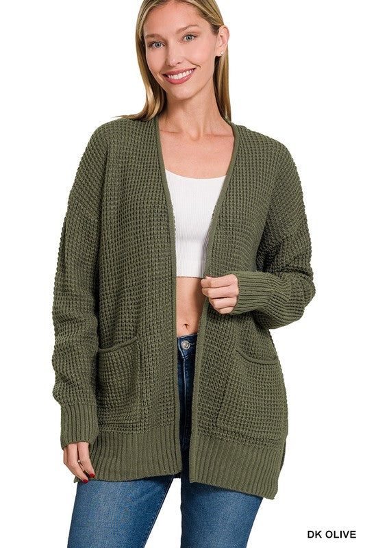 Find Your Roots Dark Olive Waffle Knit Pocket Cardigan