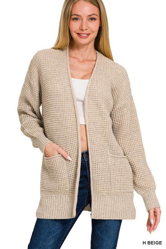 @Find Your Roots Heather Beige Waffle Knit Pocket Cardigan (Size Large)